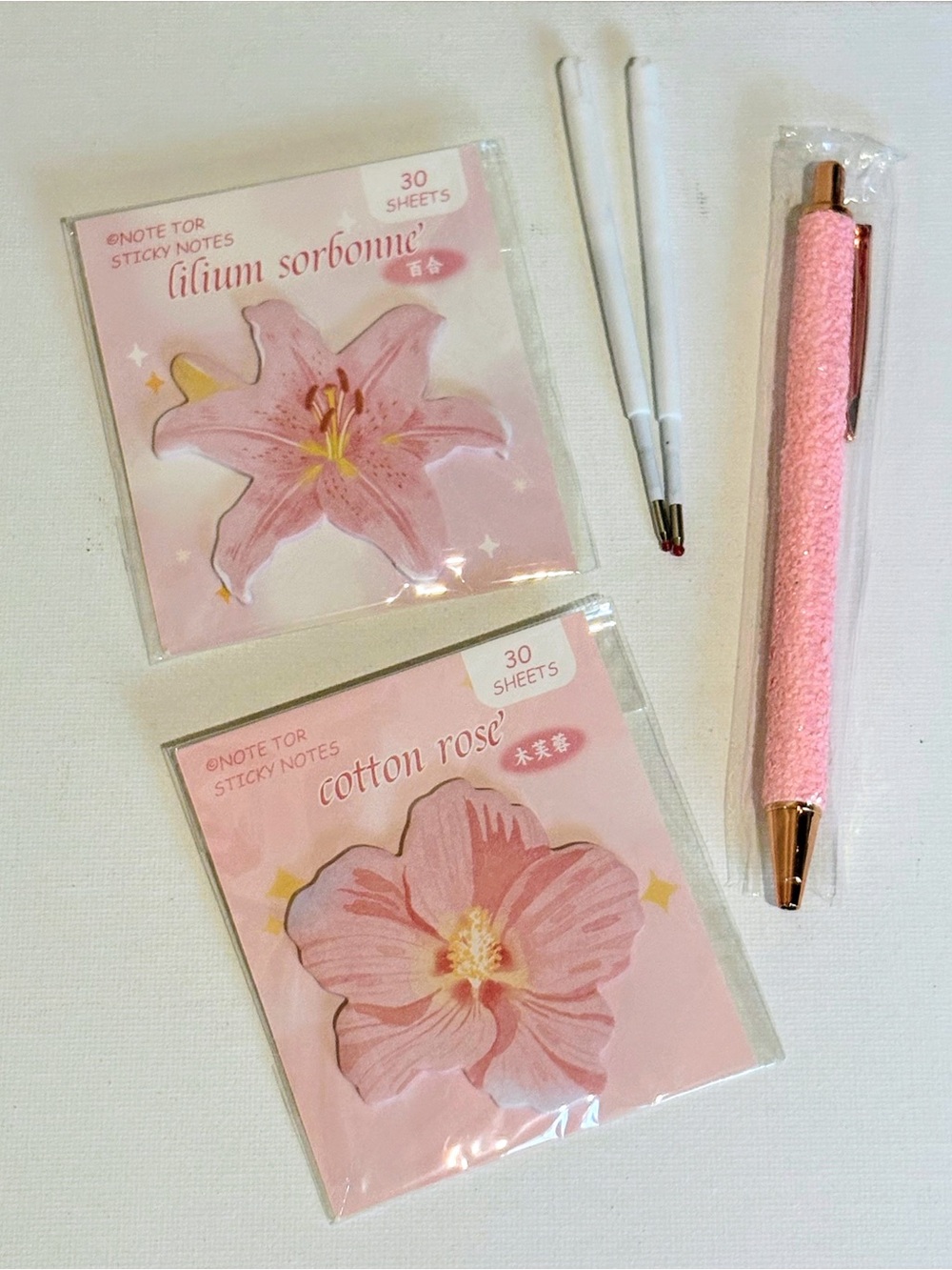 Pink Floral Sticky Notes & Pen Set - Lilium Sorbonne & Cotton Rose - nwot